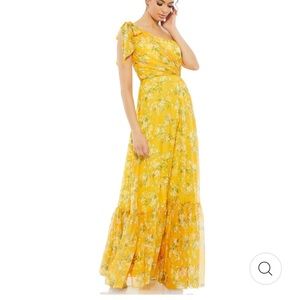 Leena for Mac Duggal floral one shoulder bow maxi dress